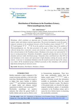 Distribution of Meiofauna in the Poonthura Estuary, Thiruvananthapuram, Kerala