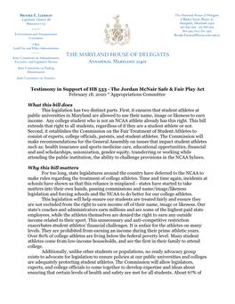 Testimony in Support of HB 533 - the Jordan Mcnair Safe & Fair Play Act February 18, 2020 * Appropriations Committee