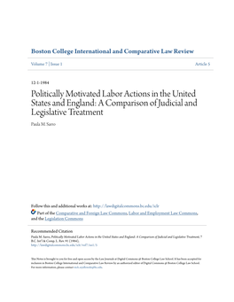 Politically Motivated Labor Actions in the United States and England: a Comparison of Judicial and Legislative Treatment Paula M