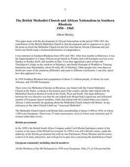 The British Methodist Church and African Nationalism in Southern Rhodesia 1950 – 1965