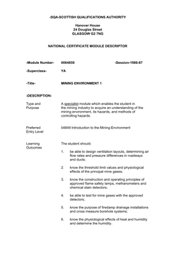 SQA-SCOTTISH QUALIFICATIONS AUTHORITY Hanover House 24 Douglas Street GLASGOW G2 7NG NATIONAL CERTIFICATE MODULE DESCRIPTOR