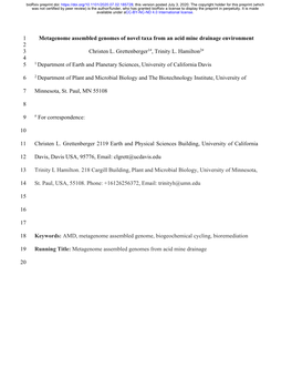 Metagenome Assembled Genomes of Novel Taxa from an Acid Mine Drainage Environment 2 3 Christen L