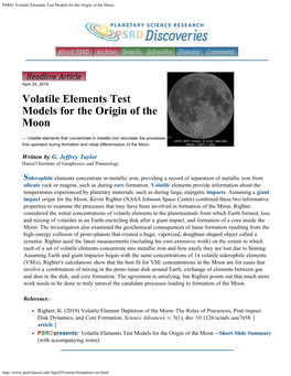 PSRD: Volatile Elements Test Models for the Origin of the Moon