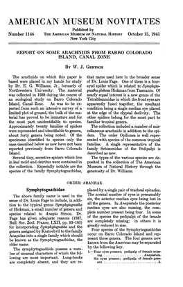 AMERICAN MUSEUM NOVITATES Published by Number 1146 the AMERICAN MUSEUM of NATURAL HISTORY October 15, 1941 New York City