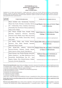 INFORMACJA KOMISARZA WYBORCZEGO W ŁOMŻY Z Dnia 3 Września 2018 R