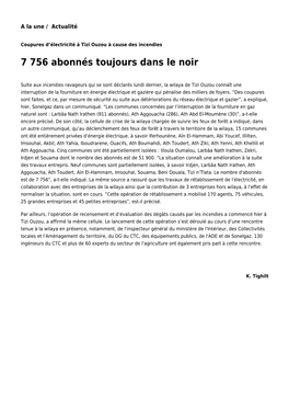 7 756 Abonnés Toujours Dans Le Noir: Toute L'actualité Sur Liberte-Algerie.Com