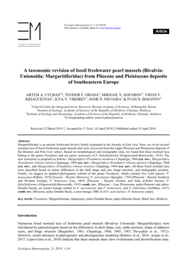 A Taxonomic Revision of Fossil Freshwater Pearl Mussels (Bivalvia: Unionoida: Margaritiferidae) from Pliocene and Pleistocene Deposits of Southeastern Europe