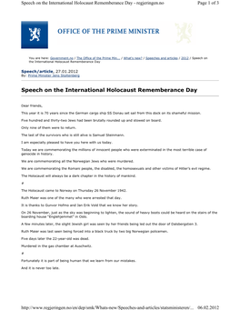 Speech on the International Holocaust Rememberance Day - Regjeringen.No Page 1 of 3