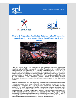 Sports & Properties Facilitates Return of USA Gymnastics American Cup