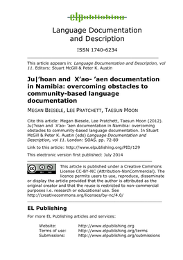 Ju|’Hoan and X’Ao- ’Aen Documentation in Namibia: Overcoming Obstacles to Community-Based Language Documentation