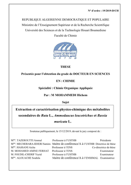 Extraction Et Caractérisation Physico-Chimique Des Métabolites