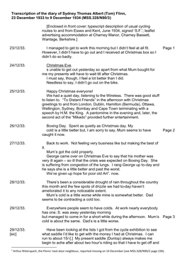 Transcription of the Diary of Sydney Thomas Albert (Tom) Flinn, 23 December 1933 to 9 December 1934 (MSS.328/N90/3)