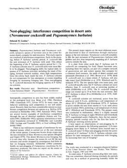 Nest-Plugging: Interference Competition in Desert Ants (Novomessor Cockerelh"And Pogonomyrmex Barbatus)