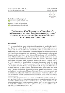 The Spoils of War “Divided Into Three Parts”: a Comparison Between Two Accounts in Skylitzes’ Synopsis Historiarum and Kritoboulos’ History of Mehmed the Conqueror