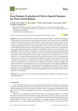 Four-Features Evaluation of Text to Speech Systems for Three Social Robots
