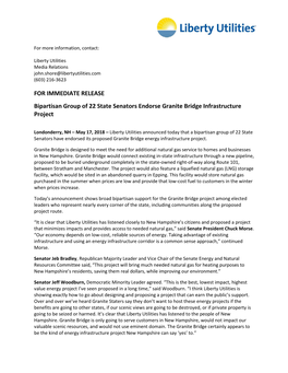 FOR IMMEDIATE RELEASE Bipartisan Group of 22 State Senators Endorse Granite Bridge Infrastructure Project