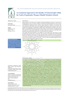 An Analytical Approach to the Quality of Natural Light Within the Vault of Sepahsalar Mosque (Shahid Motahari School)