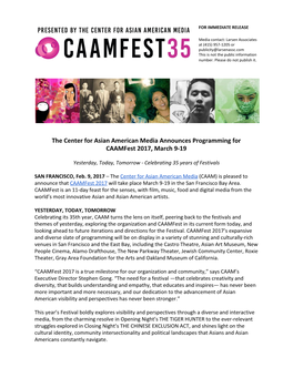 The Center for Asian American Media Announces Programming for Caamfest 2017, March 9-19