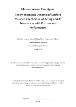 The Phenomenal Dynamic of Sanford Meisner's Technique of Acting And