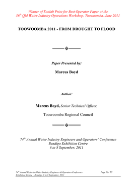 FROM DROUGHT to FLOOD Marcus Boyd Toowoomba Regional Council