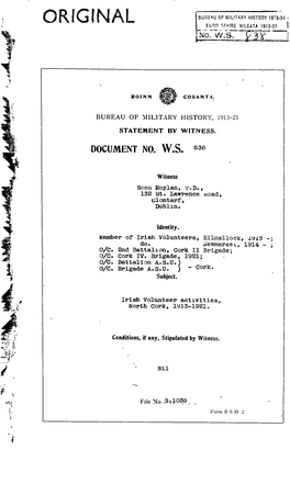 ROINN COSANTA. BUREAU of MILITARY HISTORY, 1913-21 STATEMENT by WITNESS. DOCUMENT NO. W.S. 838 Witness Sean Moylan, T.D., 132 St