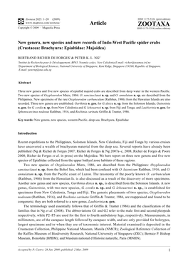 Zootaxa, New Genera, New Species and New Records of Indo-West Pacific Spider Crabs