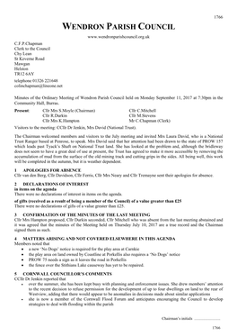 Minutes of the Ordinary Meeting of Wendron Parish Council Held on Monday September 11, 2017 at 7:30Pm in the Community Hall, Burras