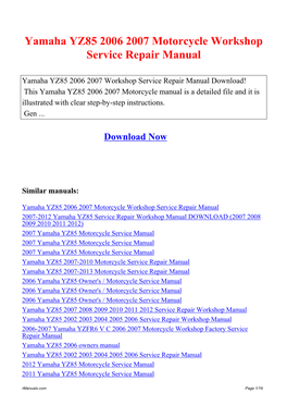 Yamaha YZ85 2006 2007 Motorcycle Workshop Service Repair Manual