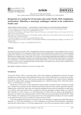 Designation of a Neotype for Orchestoidea Tuberculata Nicolet