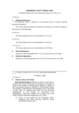 WEDNESDAY, the 5TH MARCH, 2008 (The Rajya Sabha Met in the Parliament House at 11-00 A