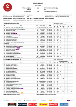 STARTING LIST Match No