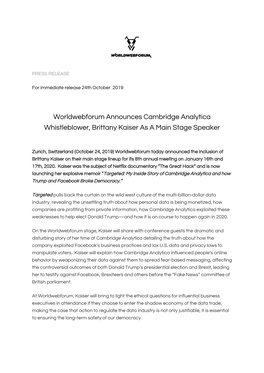 Worldwebforum Announces Cambridge Analytica Whistleblower, Brittany Kaiser As a Main Stage Speaker