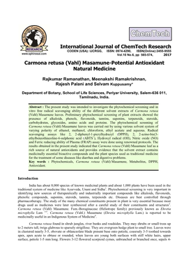 Carmona Retusa (Vahl) Masamune-Potential Antioxidant Natural Medicine International Journal of Chemtech Research