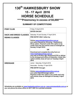 130 Hawkesbury Show Horse Schedule