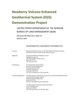 Newberry EGS Demonstration Project Environmental Analysis (EA)