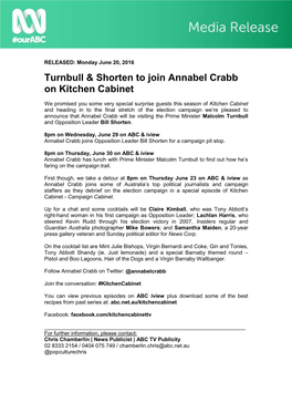 Turnbull & Shorten to Join Annabel Crabb on Kitchen Cabinet