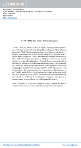 Yorùbá Elites and Ethnic Politics in Nigeria Wale Adebanwi Frontmatter More Information