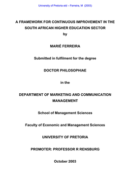 A FRAMEWORK for CONTINUOUS IMPROVEMENT in the SOUTH AFRICAN HIGHER EDUCATION SECTOR By