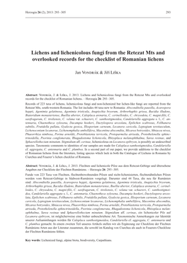 Lichens and Lichenicolous Fungi from the Retezat Mts and Overlooked Records for the Checklist of Romanian Lichens