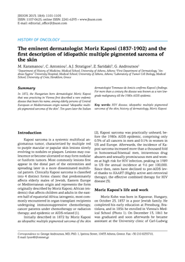 The Eminent Dermatologist Moriz Kaposi (1837-1902) and the First Description of Idiopathic Multiple Pigmented Sarcoma of the Skin M