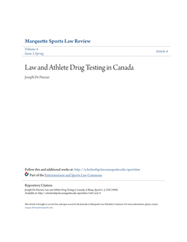 Law and Athlete Drug Testing in Canada Joseph De Pencier