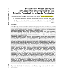 Evaluation of African Star Apple (Chrysophyllum Albidum) Seed Oil