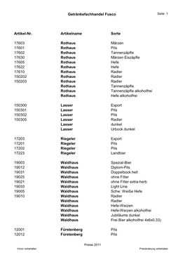 Getränkefachhandel Fusco Artikel-Nr. Artikelname Sorte 17603 Rothaus