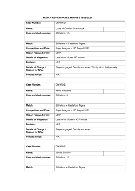 MATCH REVIEW PANEL MINUTES 16/08/2021 Case Number