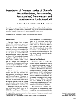 Description of Five New Species of Chinavia ORIAN (Hemiptera, Pentatomidae, Pentatominae) from Western and Northwestern South America1'2