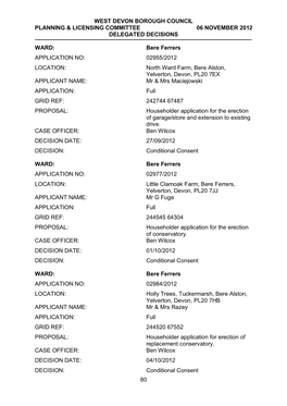 WEST DEVON BOROUGH COUNCIL PLANNING & LICENSING COMMITTEE 06 NOVEMBER 2012 DELEGATED DECISIONS 80 WARD: Bere Ferrers APPLICA