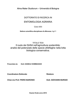 Sirfidi Nell'agricoltura Sostenibile: Analisi Del Potenziale Delle Specie Afidifaghe Nella Lotta Biologica Conservativa