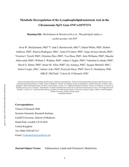 Metabolic Dysregulation of the Lysophospholipid/Autotaxin Axis in the Chromosome 9P21 Gene SNP Rs10757274