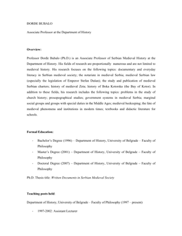 ĐORĐE BUBALO Associate Professor at the Department of History Overview: Professor Đorđe Bubalo (Ph.D.) Is an Associate Prof