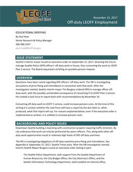 Off-Duty LEOFF Employment Educational Briefing Seattle PD Officers’ Off-Duty Work Has Raised Issues